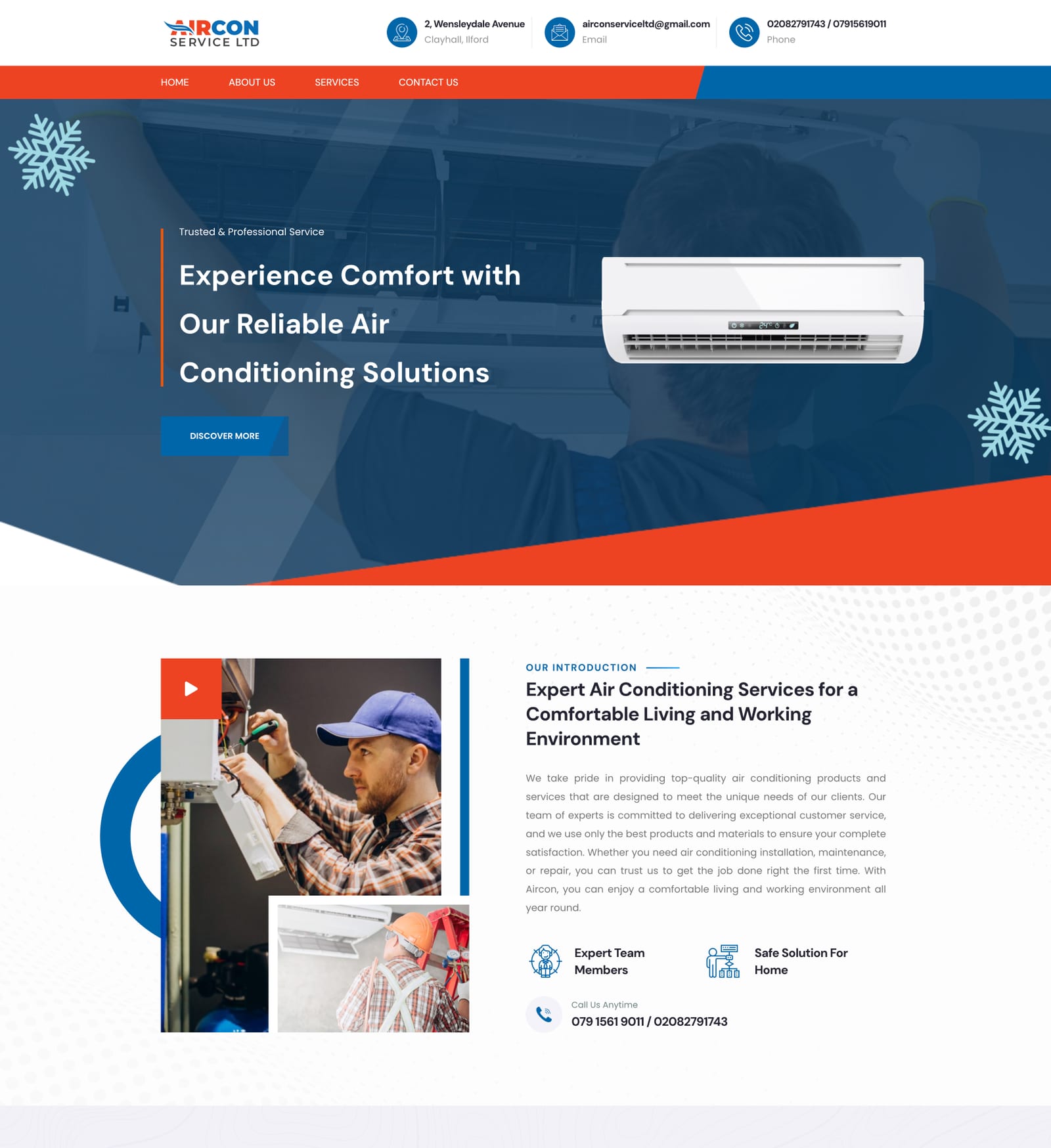 Aircon Service Ltd website: header with contact details, hero with a call to action, and introduction section