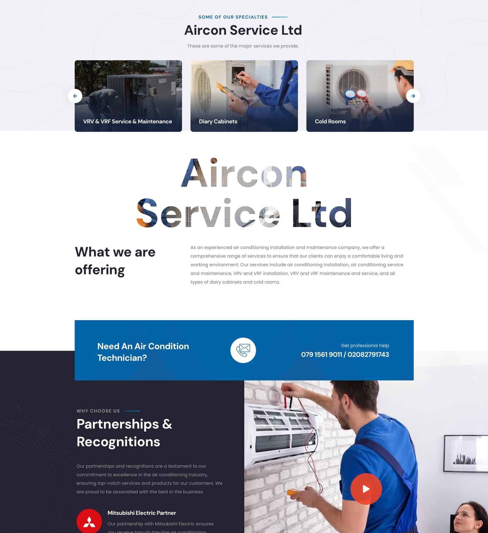 Aircon Service Ltd website: services carousel, what we offer and technician call-out banner (part 2)
