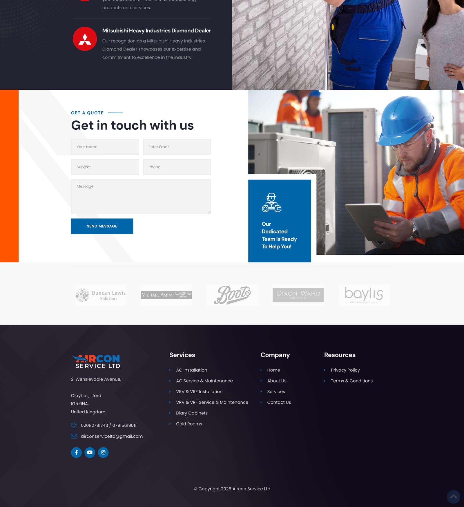 Aircon Service Ltd website: Mitsubishi partnerships, quote request form, client logos and footer (part 3)