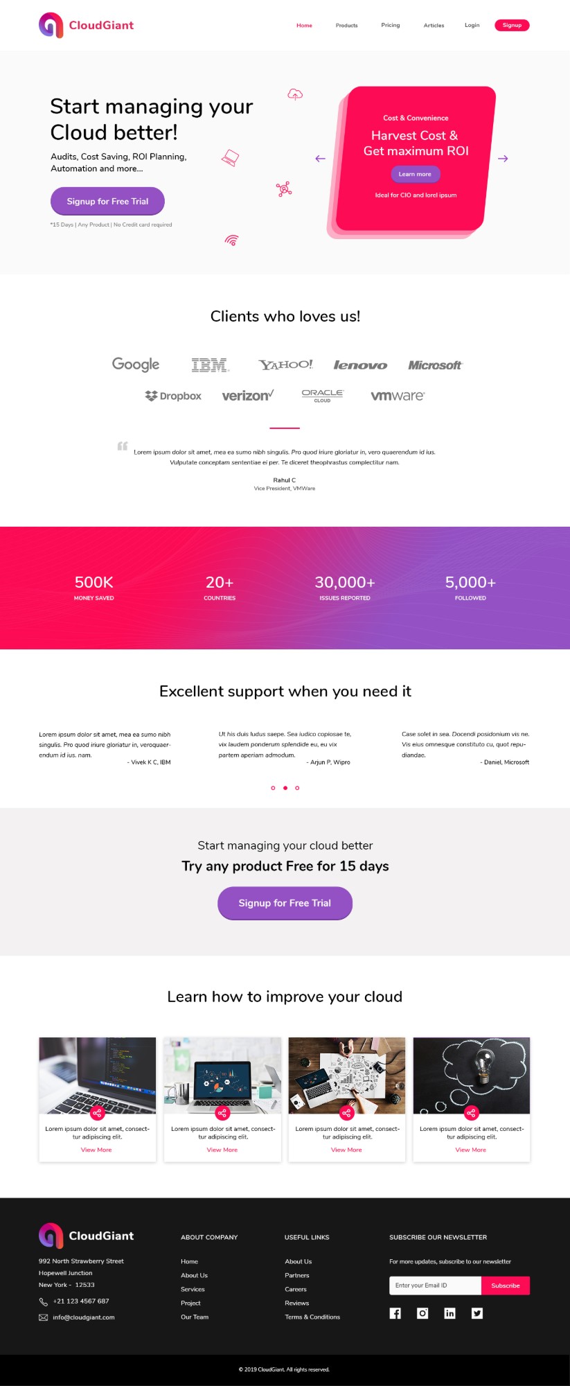 CloudGiant landing page with hero, client logos, testimonial, key numbers, support testimonials, free-trial call to action, articles and footer.