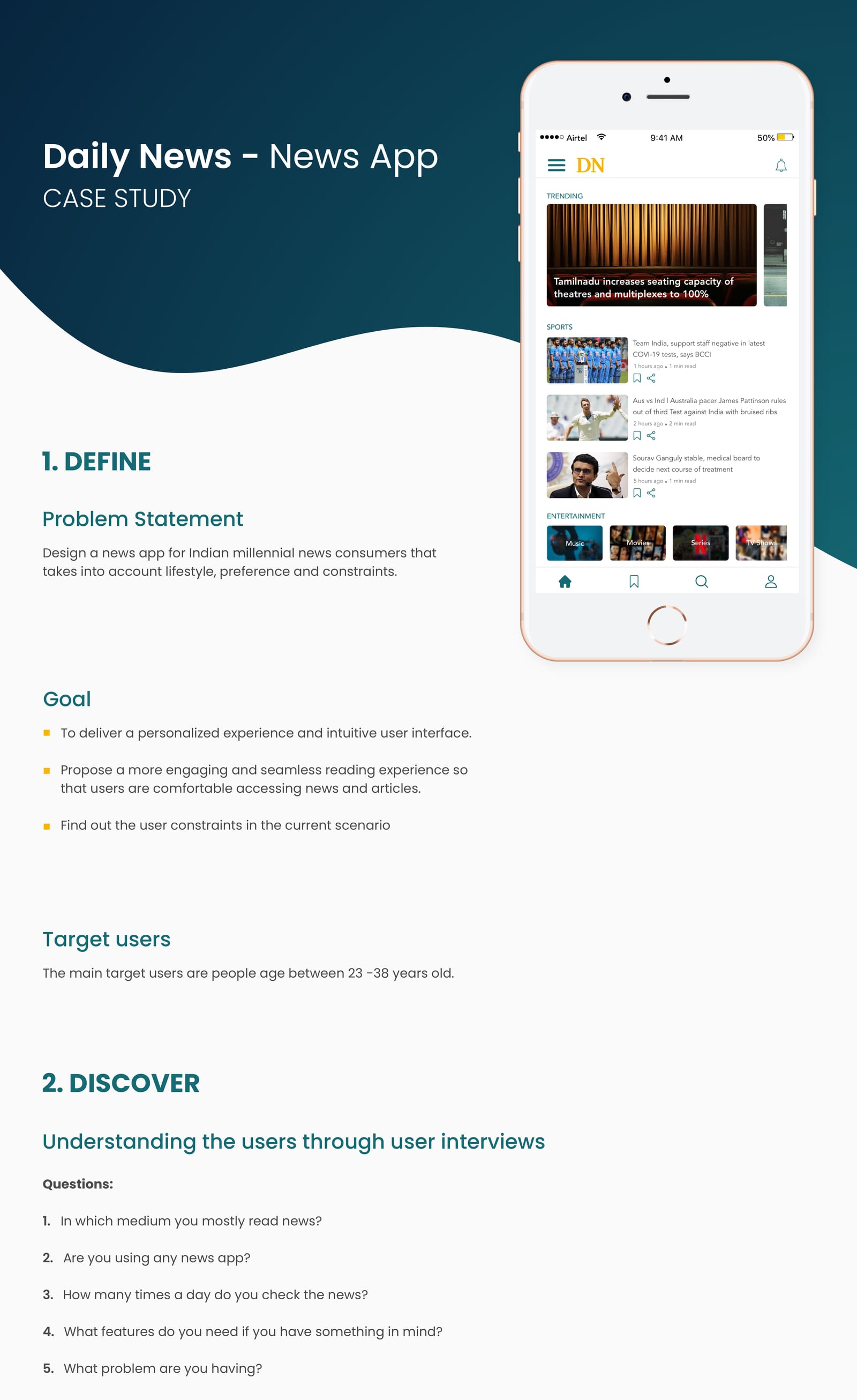 Daily News case study board: problem statement, goals, user interviews, key findings, pain points, competitive analysis, persona, affinity map, user flow, wireframes and high-fidelity screens