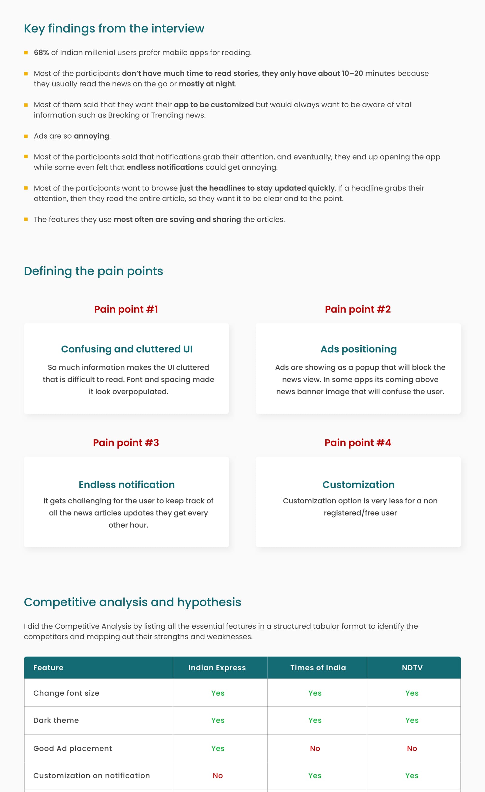 Daily News case study board: problem statement, goals, user interviews, key findings, pain points, competitive analysis, persona, affinity map, user flow, wireframes and high-fidelity screens (part 2)