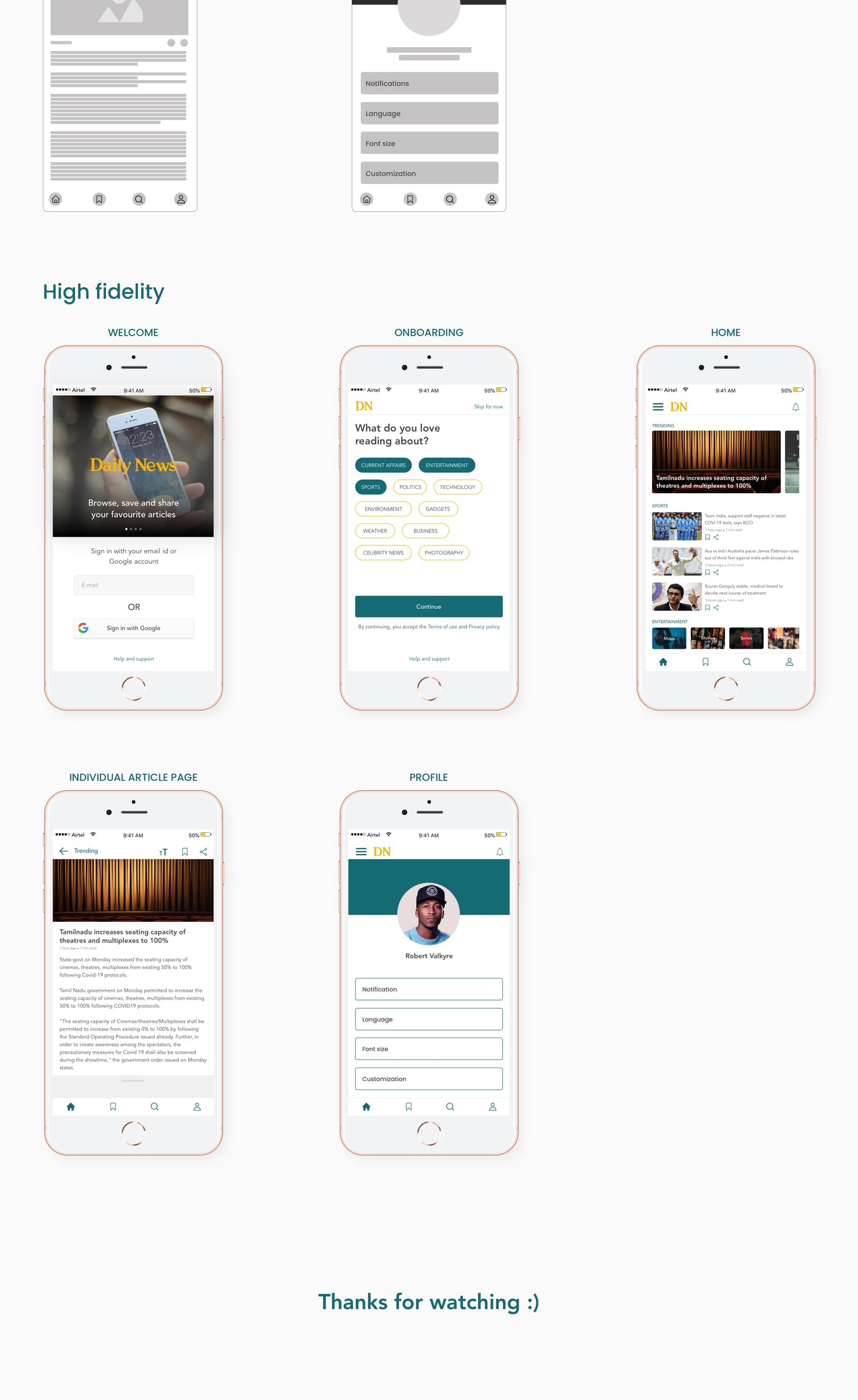 Daily News case study board: problem statement, goals, user interviews, key findings, pain points, competitive analysis, persona, affinity map, user flow, wireframes and high-fidelity screens (part 5)