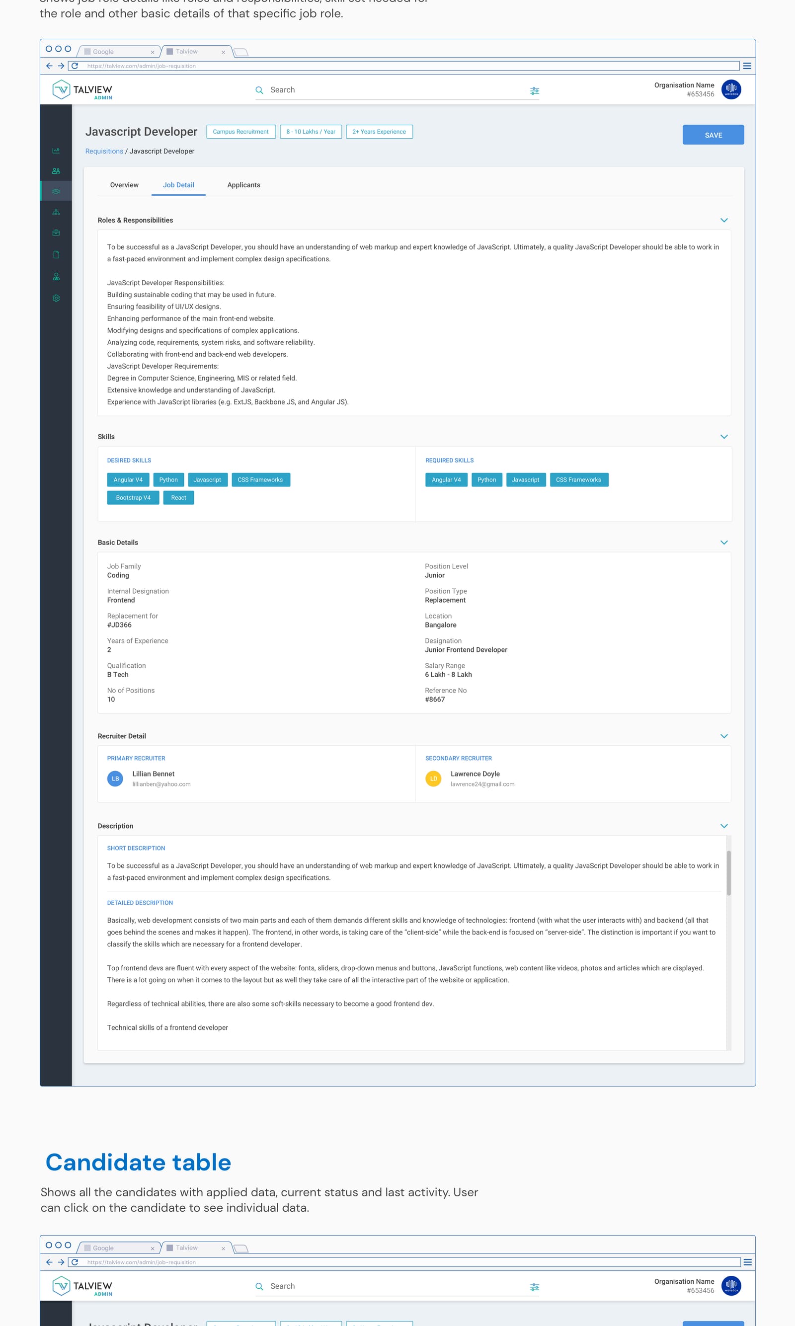 Job requisition user interface design board: overview, style guide, login, dashboard, job detail, candidate table and candidate details (part 3)