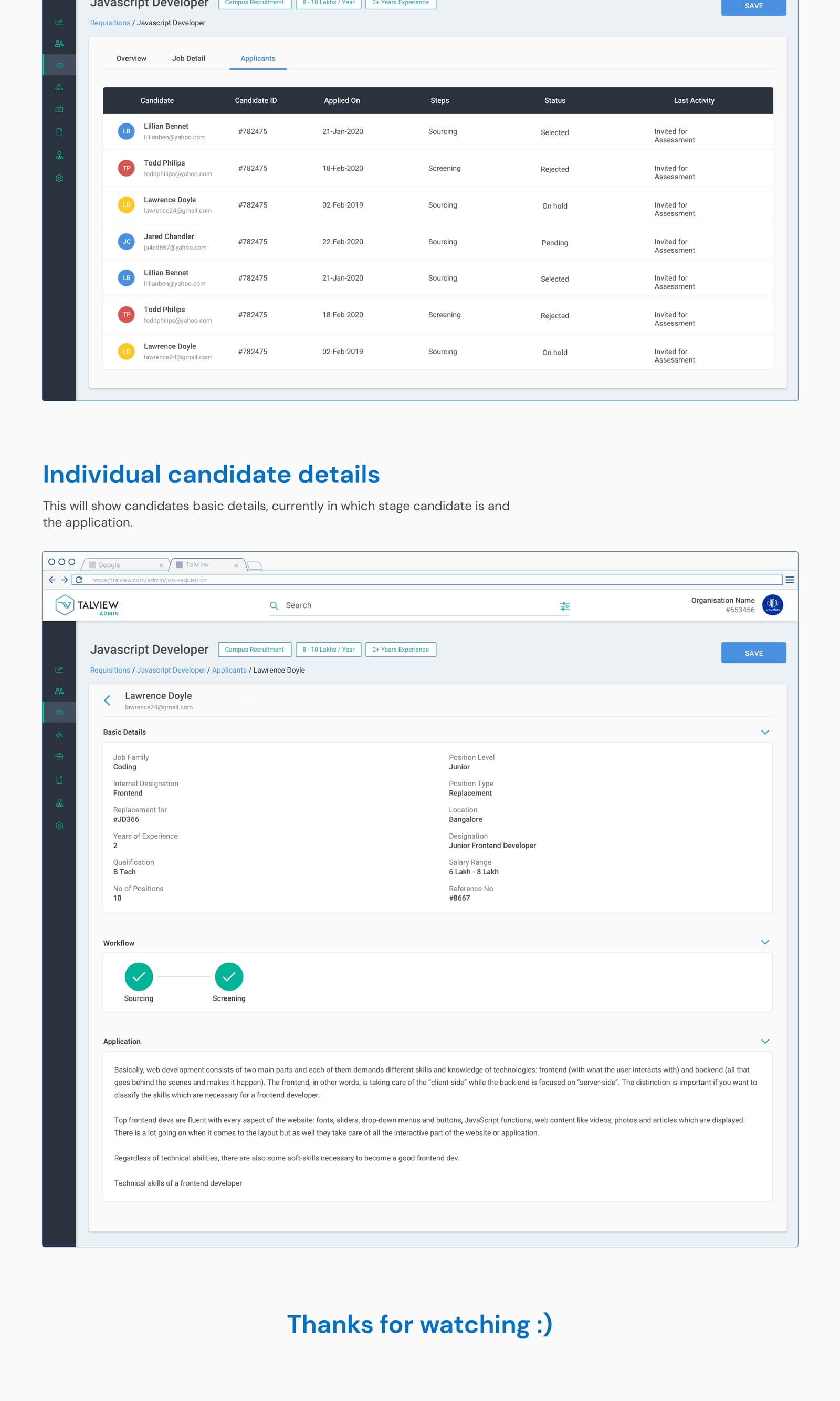 Job requisition user interface design board: overview, style guide, login, dashboard, job detail, candidate table and candidate details (part 4)