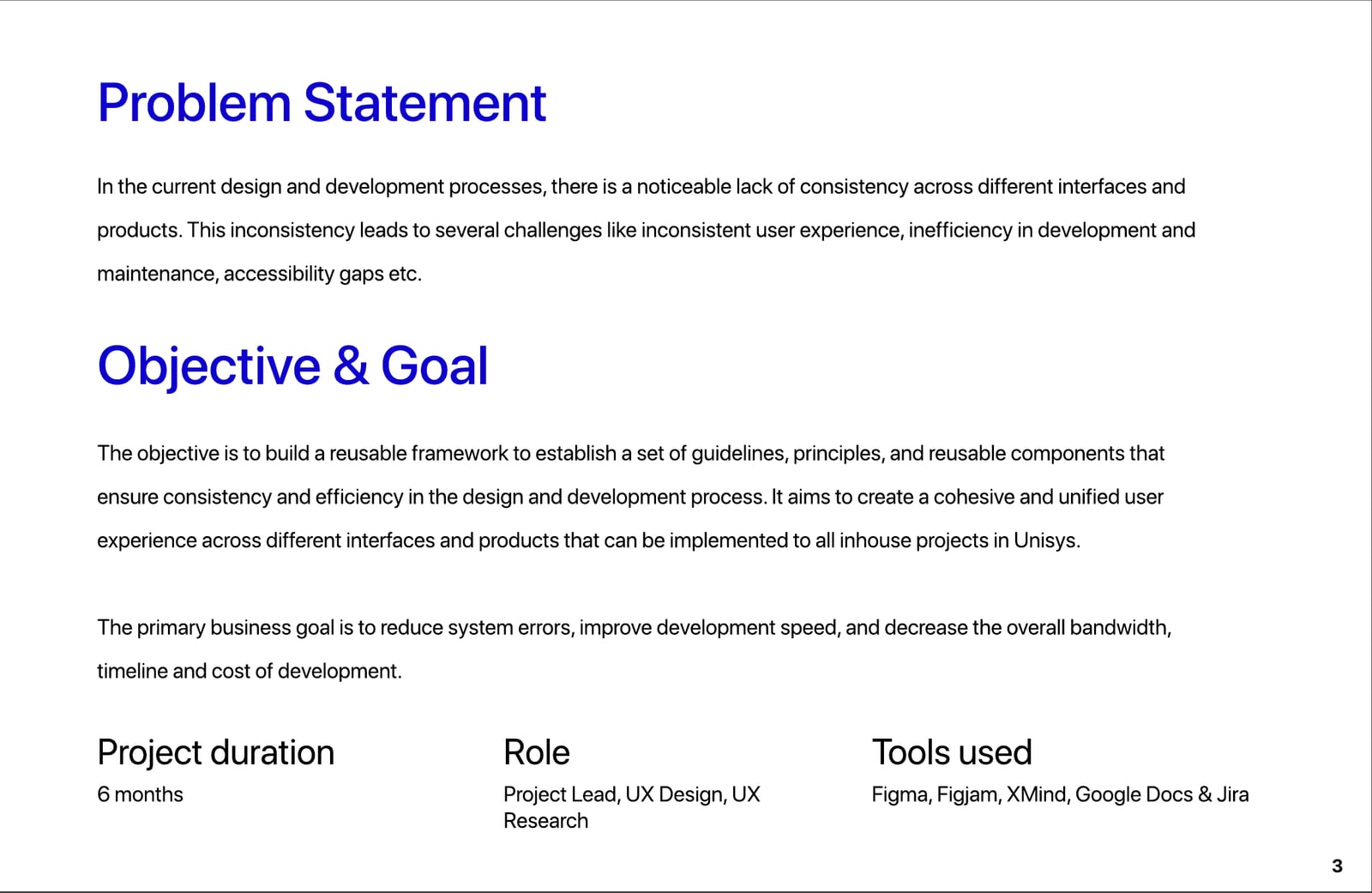 Problem statement, objective and goal, with project duration, role and tools