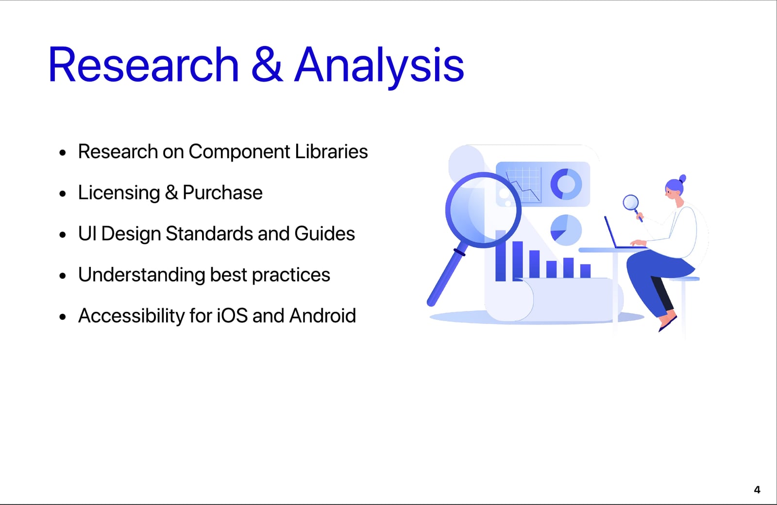 Research and analysis: component libraries, licensing, user interface standards, best practices and mobile accessibility